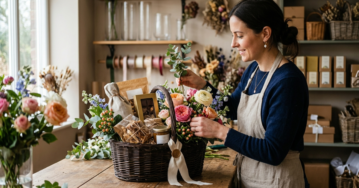 florist arranging a premium gift basket of gourmet items and flowers