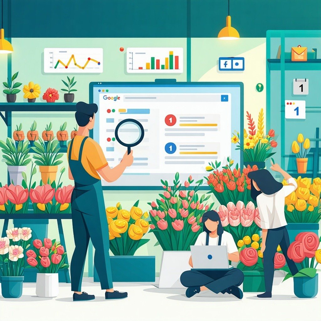 A modern colorful flat illustration showing a florist interacting with a large digital screen displaying Google search results The florist is holding a magnifying glass focusing on a 1 ranking spot while standing in a flower shop filled with colorful-1
