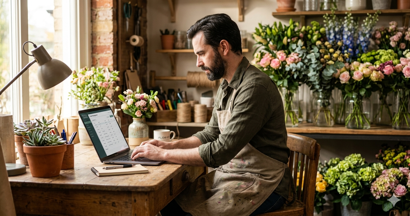 a flower shop owner working at his computer inside his shop