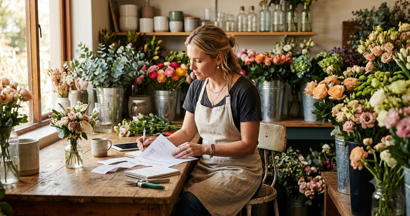 a flower shop owner reviewing business paperwork at a design room workbench surrounded by fresh flowers 